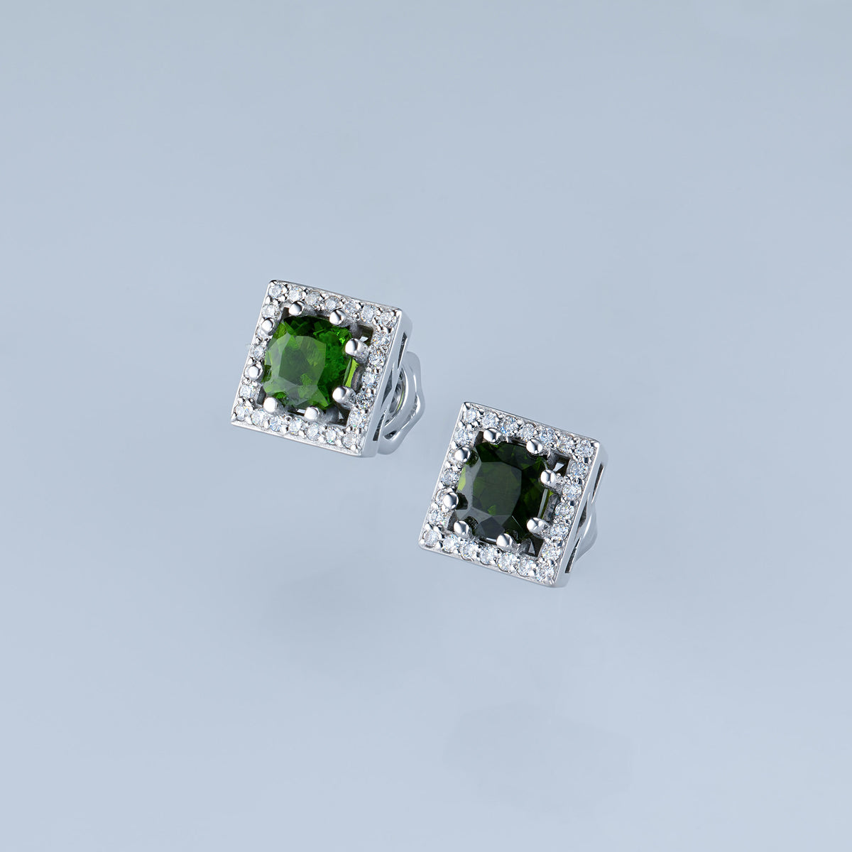 14K White Gold Earring Studs with Chrome Diopside and Natural Diamonds