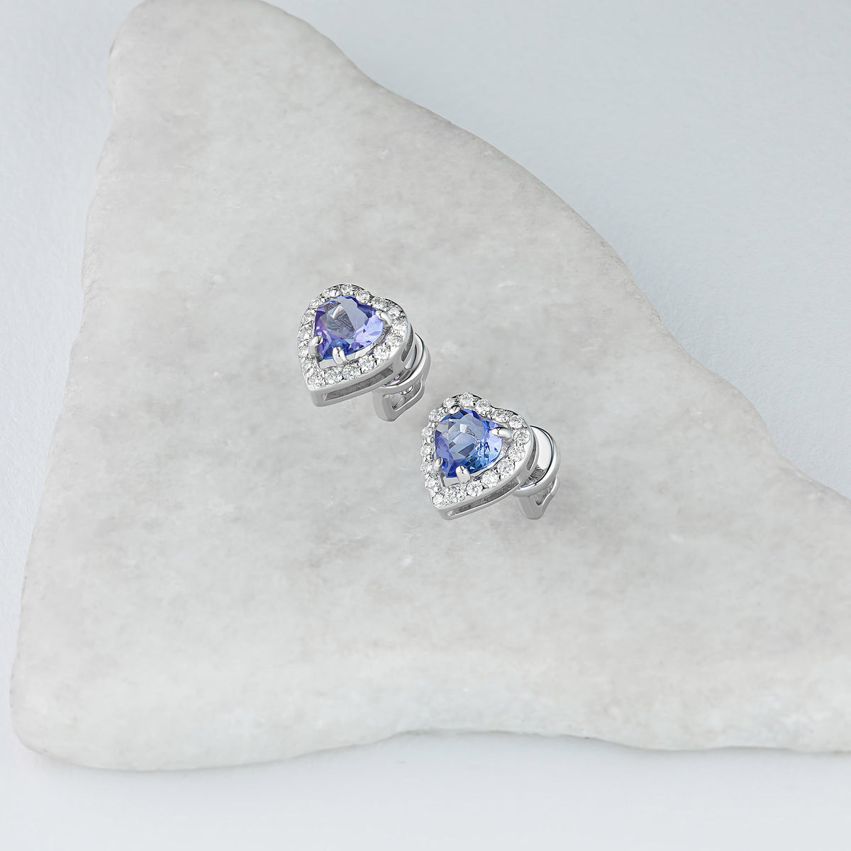 14K White Gold Earring Studs with Tanzanite and Natural Diamonds