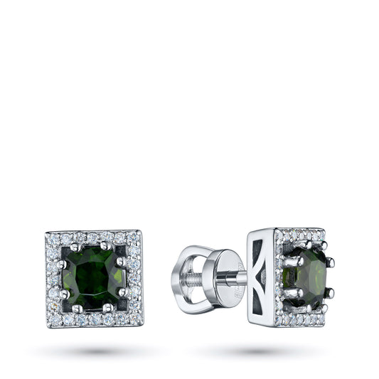 14K White Gold Earring Studs with Chrome Diopside and Natural Diamonds