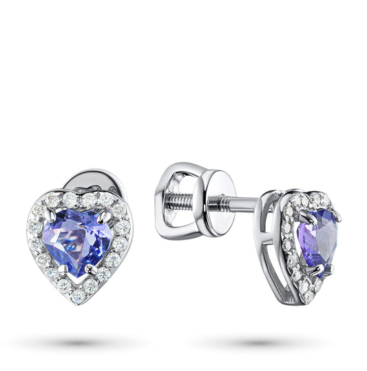 14K White Gold Earring Studs with Tanzanite and Natural Diamonds